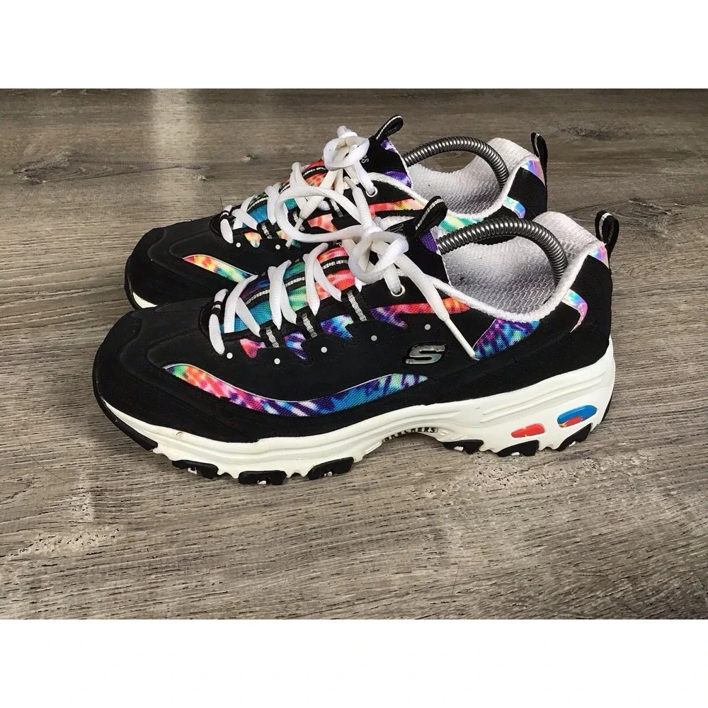Skechers D'Lites Shoes Womens Size 11 Black Multi Tie-Dye Memory Foam SN 149015